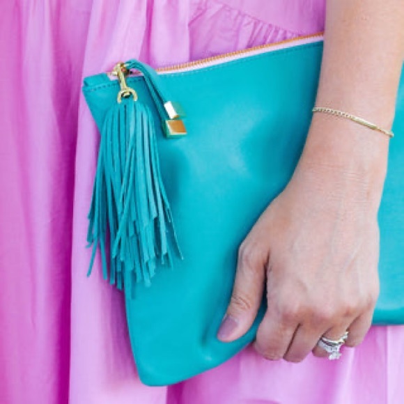 K. Slade Teal Genuine lamb leather Vale pouch, wristlet, and pink Pom tassel. - Picture 6 of 7